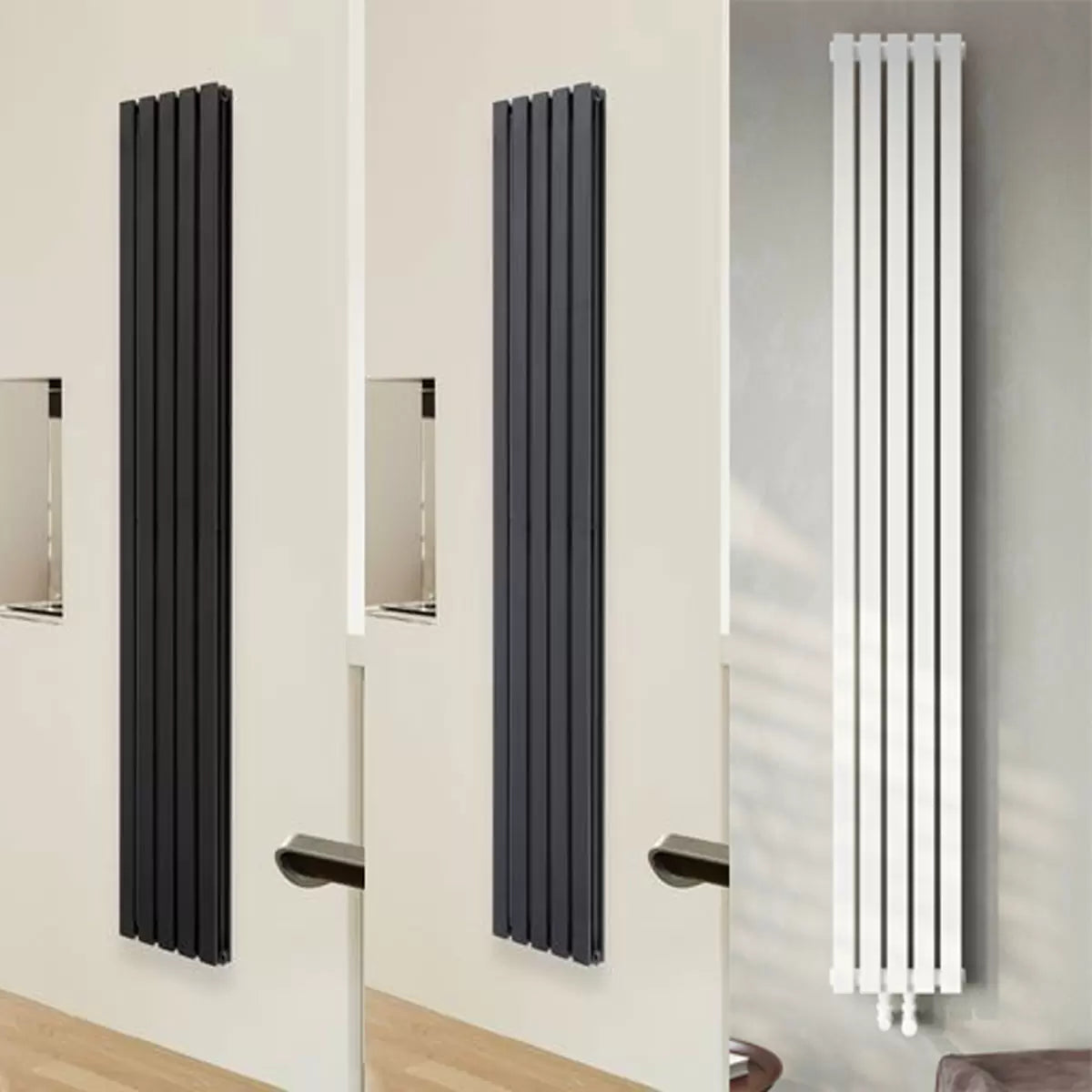Vertical Ultraheat Linear Radiator in a contemporary living space showing 10 slim powder-coated steel columns mounted flush against a modern wall.