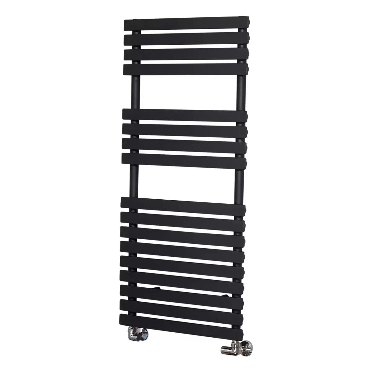 Front angle view of the Ultraheat Poplar Radiator featuring 17 flat horizontal bars in a dark micro grain textured finish mounted against a light tiled bathroom wall.