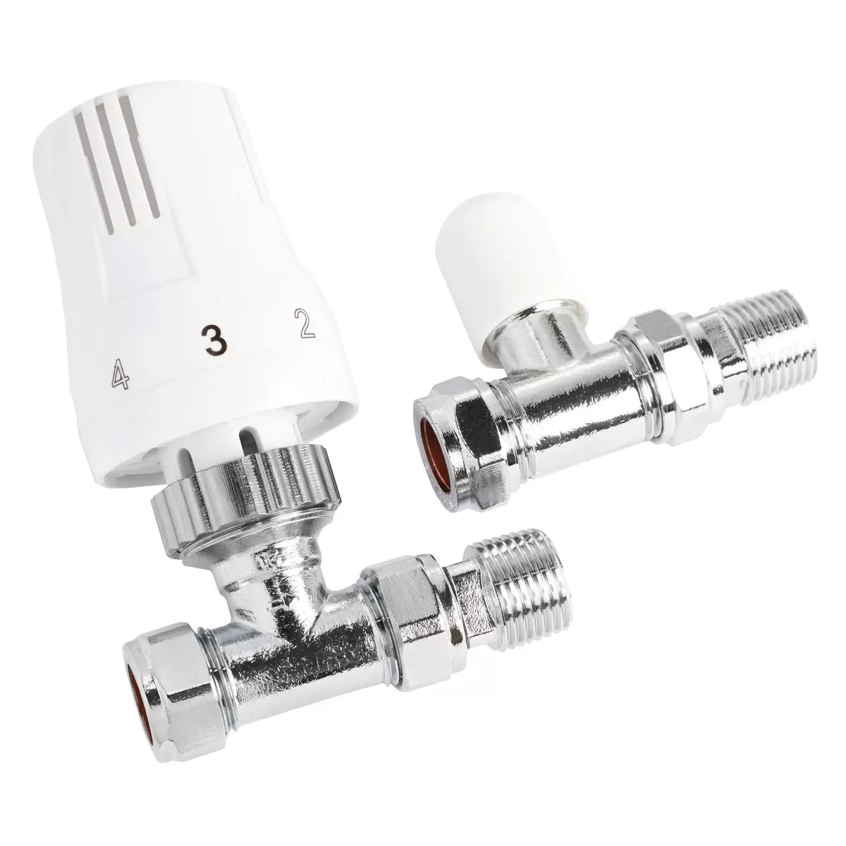 Front angle view of the Ultraheat straight thermostatic radiator valve and lockshield set featuring a polished chrome brass body, white TRV dial head, and 15mm pipe adapters on a plain background.