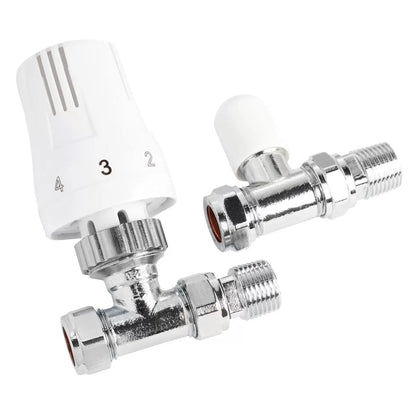 Front angle view of the Ultraheat straight thermostatic radiator valve and lockshield set featuring a polished chrome brass body, white TRV dial head, and 15mm pipe adapters on a plain background.
