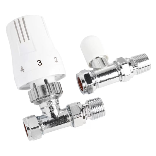 Front angle view of the Ultraheat straight thermostatic radiator valve and lockshield set featuring a polished chrome brass body, white TRV dial head, and 15mm pipe adapters on a plain background.