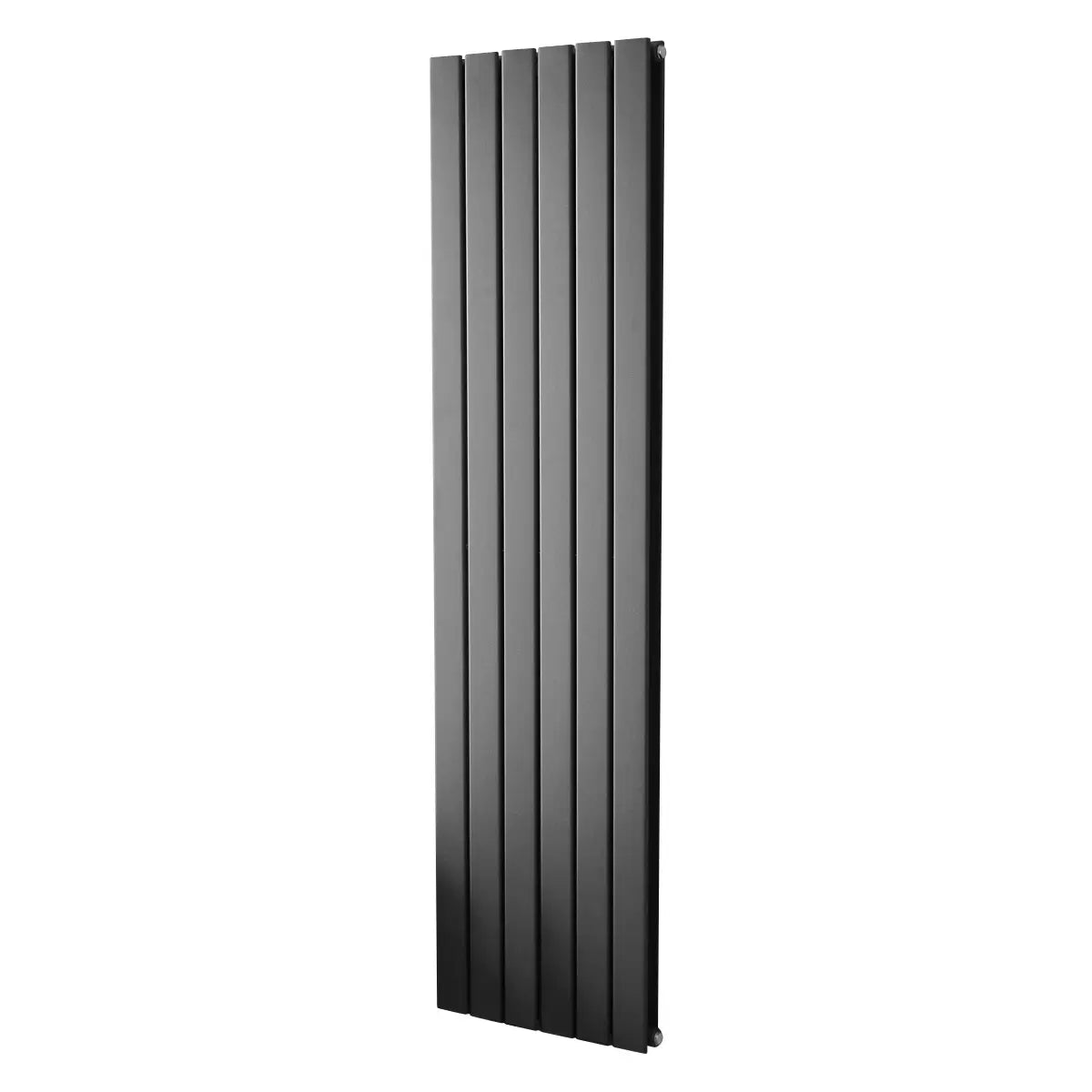Vertical Ultraheat Tian Slate Grey tubular radiator mounted on a light gray wall in a modern open-plan living room setup.