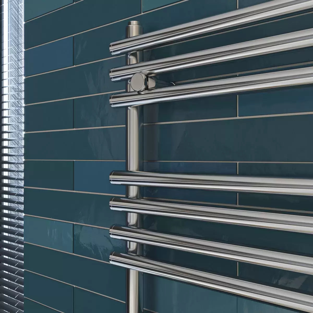Front view of the contemporary Ultraheat Windsor radiator in a modern tiled bathroom setting, displaying 14 horizontal bars for towel warming.