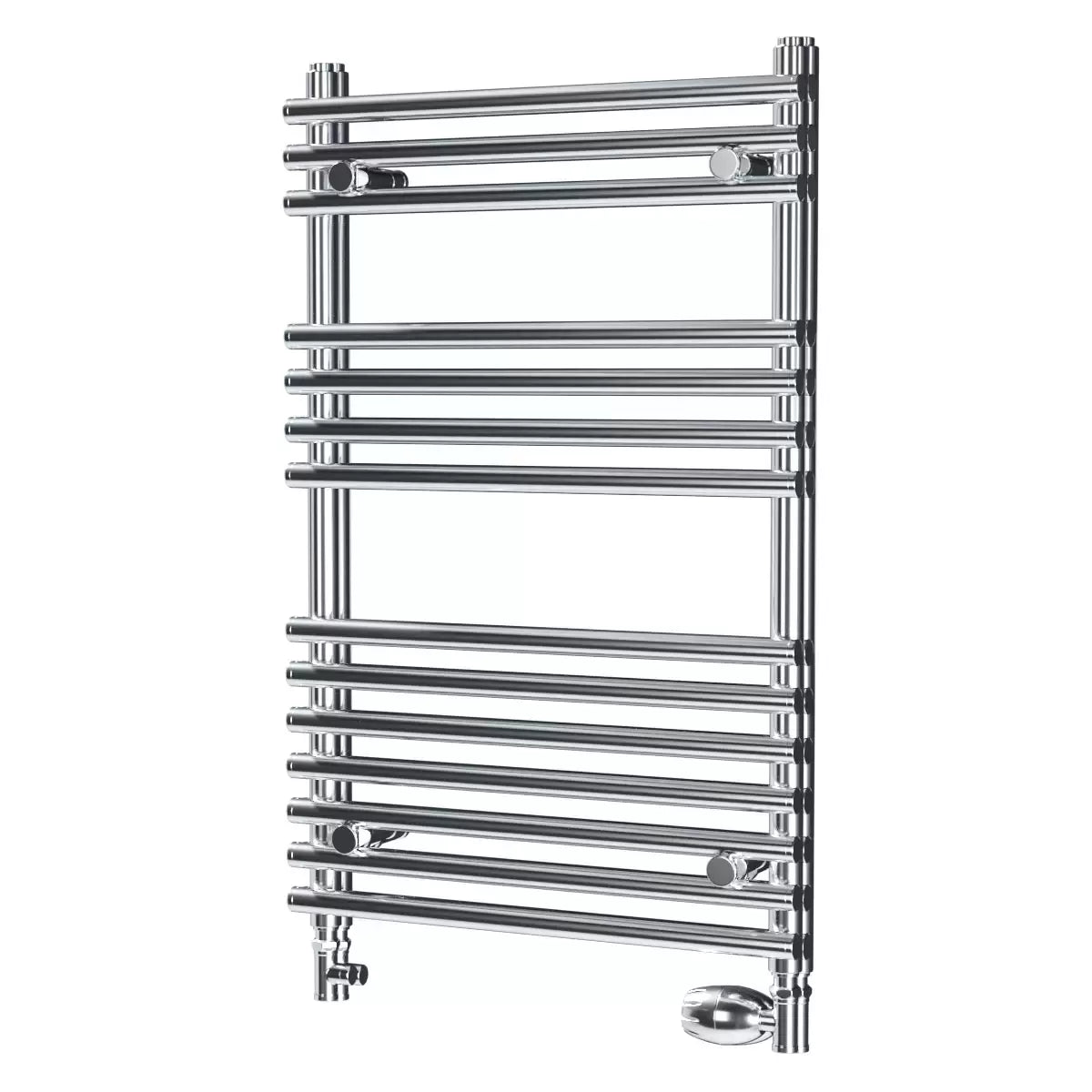 Front view of the contemporary Ultraheat Windsor radiator in a modern tiled bathroom setting, displaying 14 horizontal bars for towel warming.