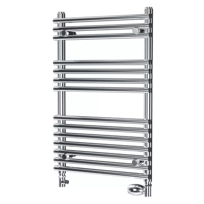Front view of the contemporary Ultraheat Windsor radiator in a modern tiled bathroom setting, displaying 14 horizontal bars for towel warming.