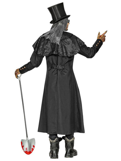 Front view of an adult male wearing a long black undertaker trench coat with wide-brim hat against a dark backdrop.