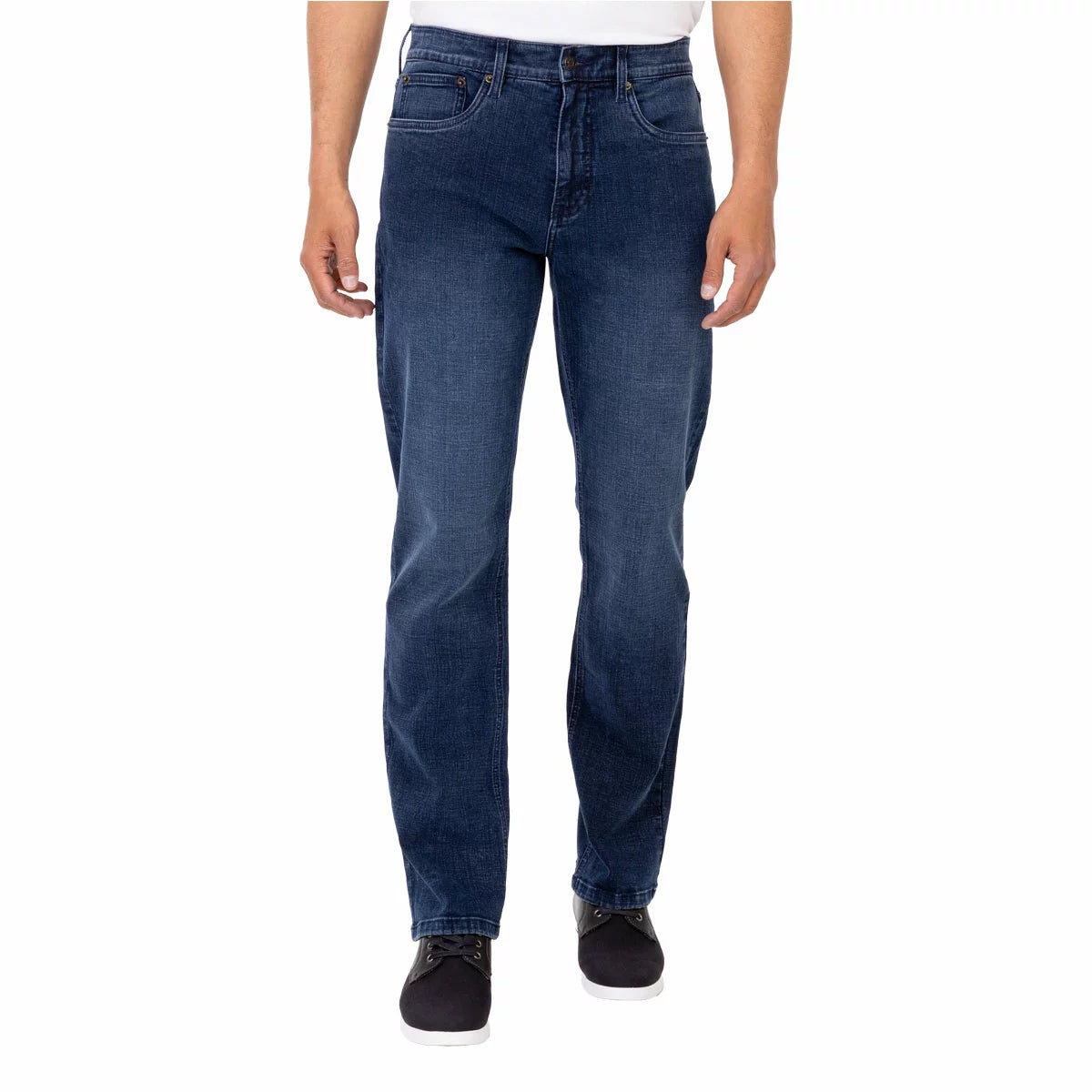 Front view of dark wash Urban Star Men's Heavyweight Stretch Jeans in a classic straight-leg cut displayed on a neutral background.