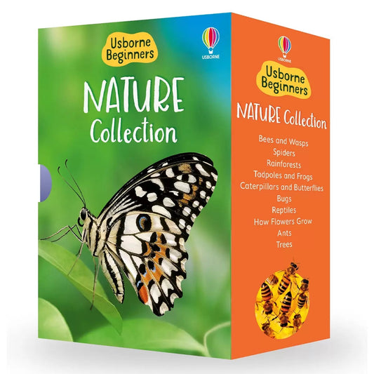 Open Usborne Beginners Nature book displaying bright close-up photographs of butterflies alongside simple text, shown next to the complete 10-book hardback boxset.