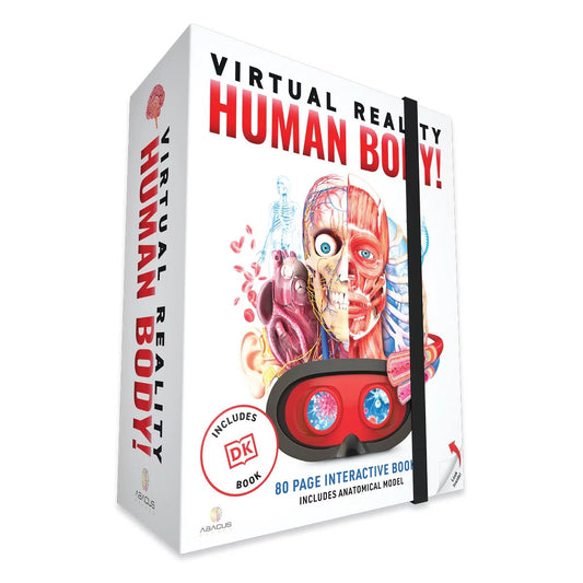 VR Box Set Human Body deluxe gift box displaying hands-free VR headset, 80-page DK interactive book, and buildable human skeleton organ model.