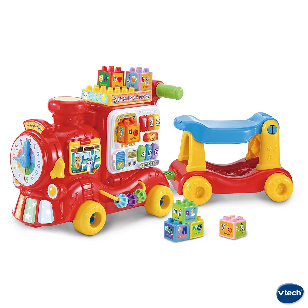 Side view of the bright red and yellow plastic VTech 4-in-1 Alphabet Express train showing the floor-play block reader, ride-on seat, and interactive light-up buttons on a plain white studio background.