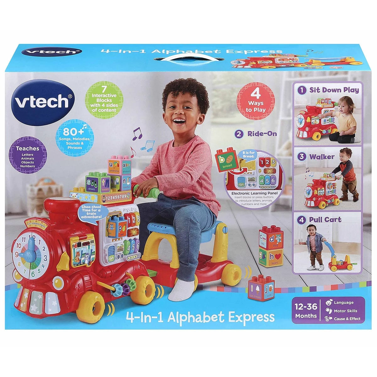 Side view of the bright red and yellow plastic VTech 4-in-1 Alphabet Express train showing the floor-play block reader, ride-on seat, and interactive light-up buttons on a plain white studio background.
