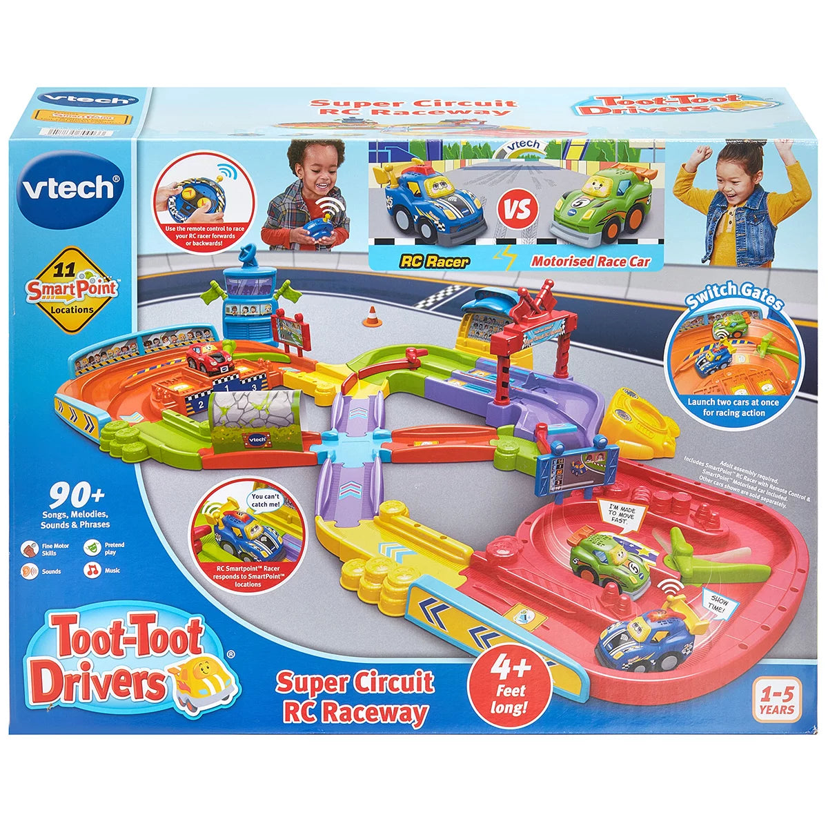Brightly colored VTech Toot-Toot Drivers Super Circuit RC Raceway plastic track layout featuring a red RC car, motorized racer, tunnel, and remote control on a light wood floor.