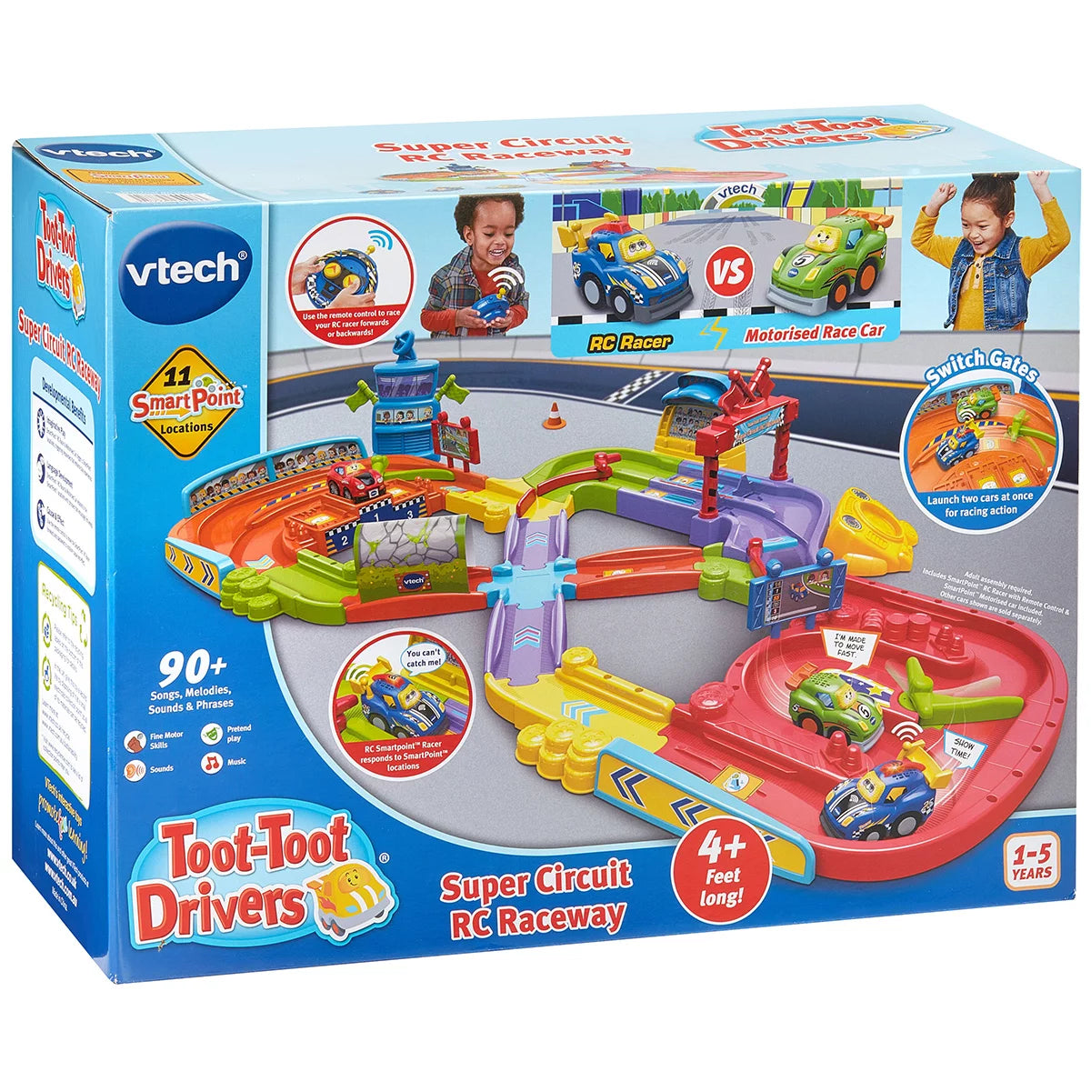 Brightly colored VTech Toot-Toot Drivers Super Circuit RC Raceway plastic track layout featuring a red RC car, motorized racer, tunnel, and remote control on a light wood floor.