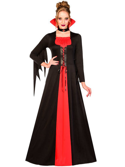 Front view of a woman wearing a floor-length crimson velvet and black lace Vampire Lady costume with a high standing collar against a dark backdrop.
