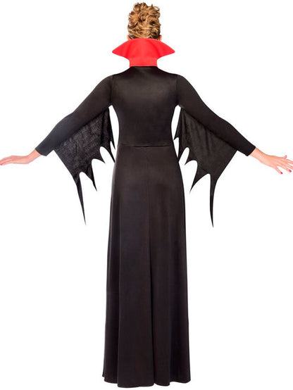 Front view of a woman wearing a floor-length crimson velvet and black lace Vampire Lady costume with a high standing collar against a dark backdrop.