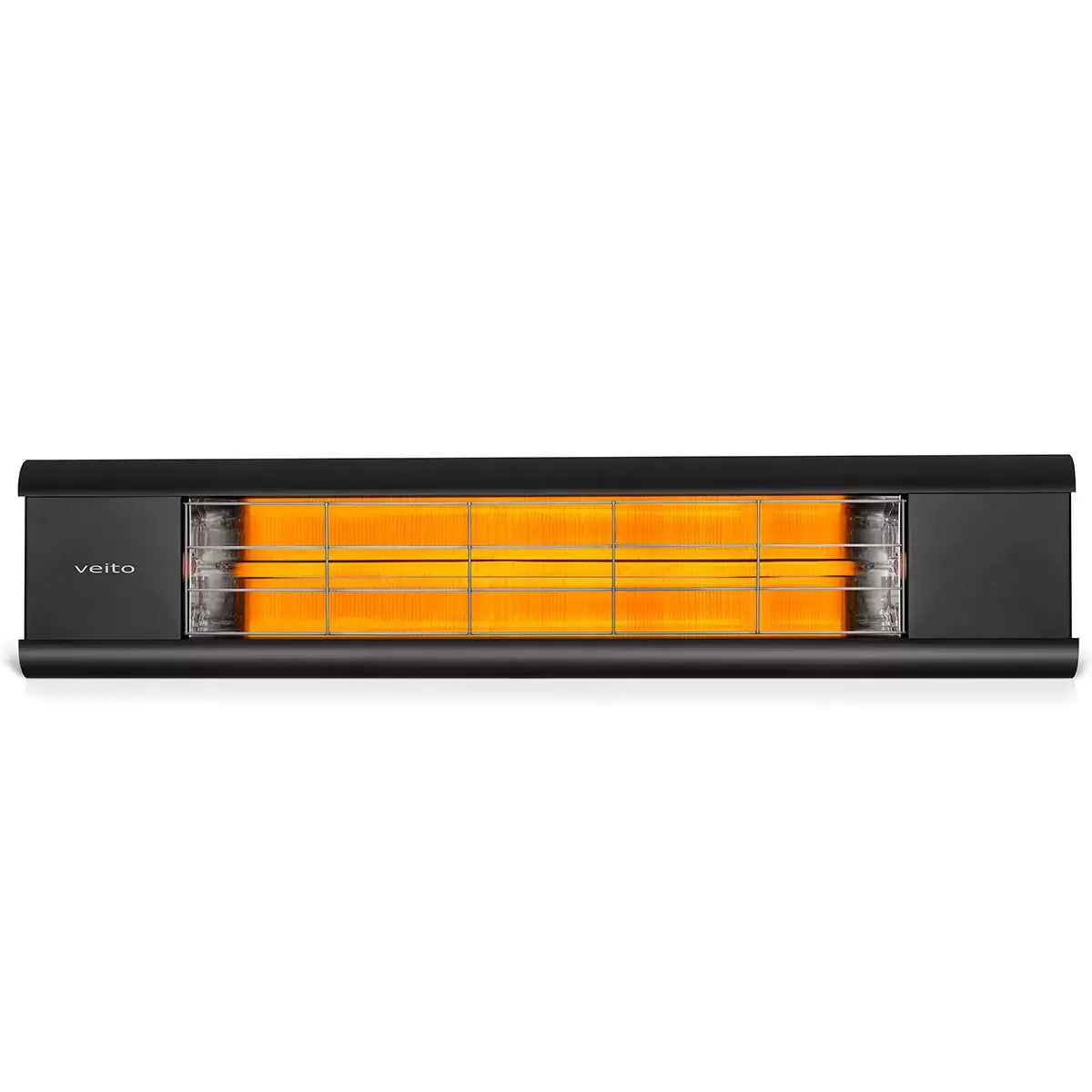 Wall-mounted Veito Aero 2500 Black Carbon Infrared Heater installed on an outdoor brick patio wall.