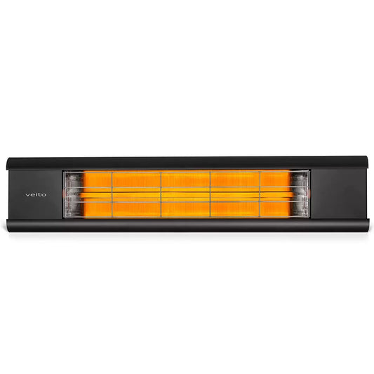 Wall-mounted Veito Aero 2500 Black Carbon Infrared Heater installed on an outdoor brick patio wall.
