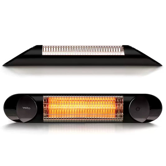Veito Blade Mini black carbon infrared heater mounted on a modern outdoor patio wall.