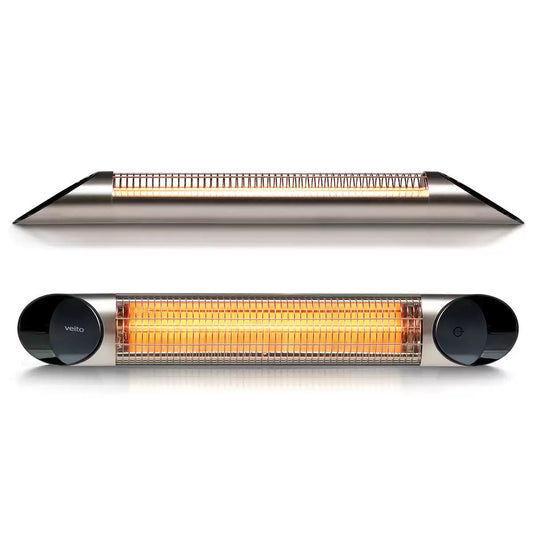 Veito Blade S2500 Carbon Infrared Heater in silver mounted on a wall, providing efficient warmth to an outdoor patio seating area.