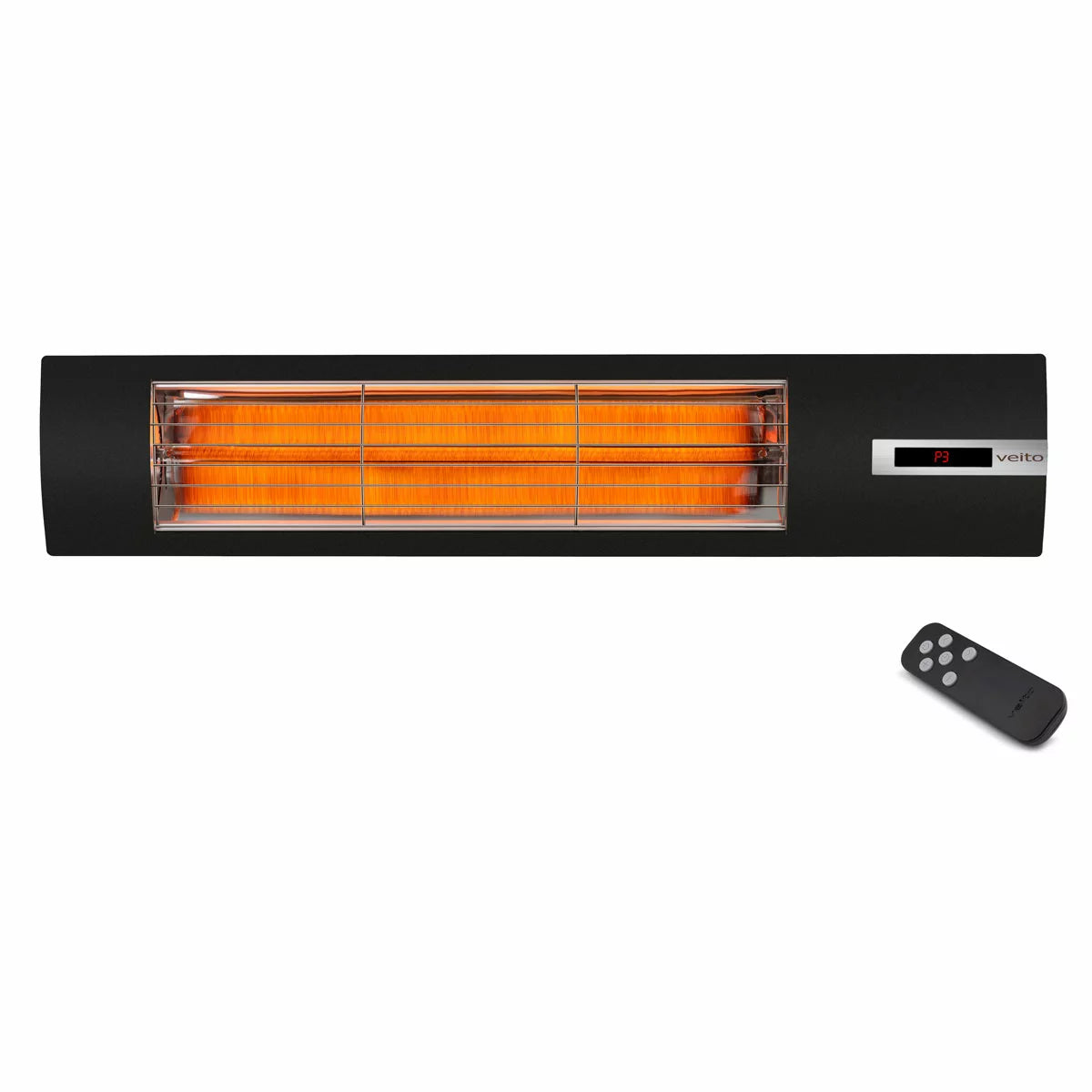 Sleek black Veito Space S2500 infrared heater mounted on a modern exterior wall, creating a warm, inviting atmosphere for a patio.
