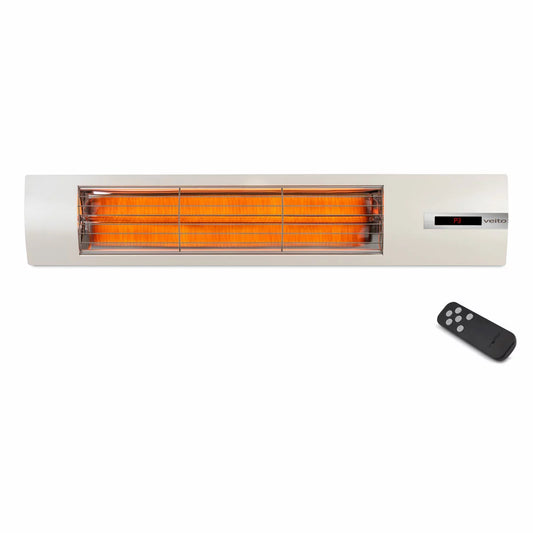 Veito Space S2500 Carbon Infrared Heater in white mounted on a wall, providing efficient radiant warmth to an outdoor patio seating area.
