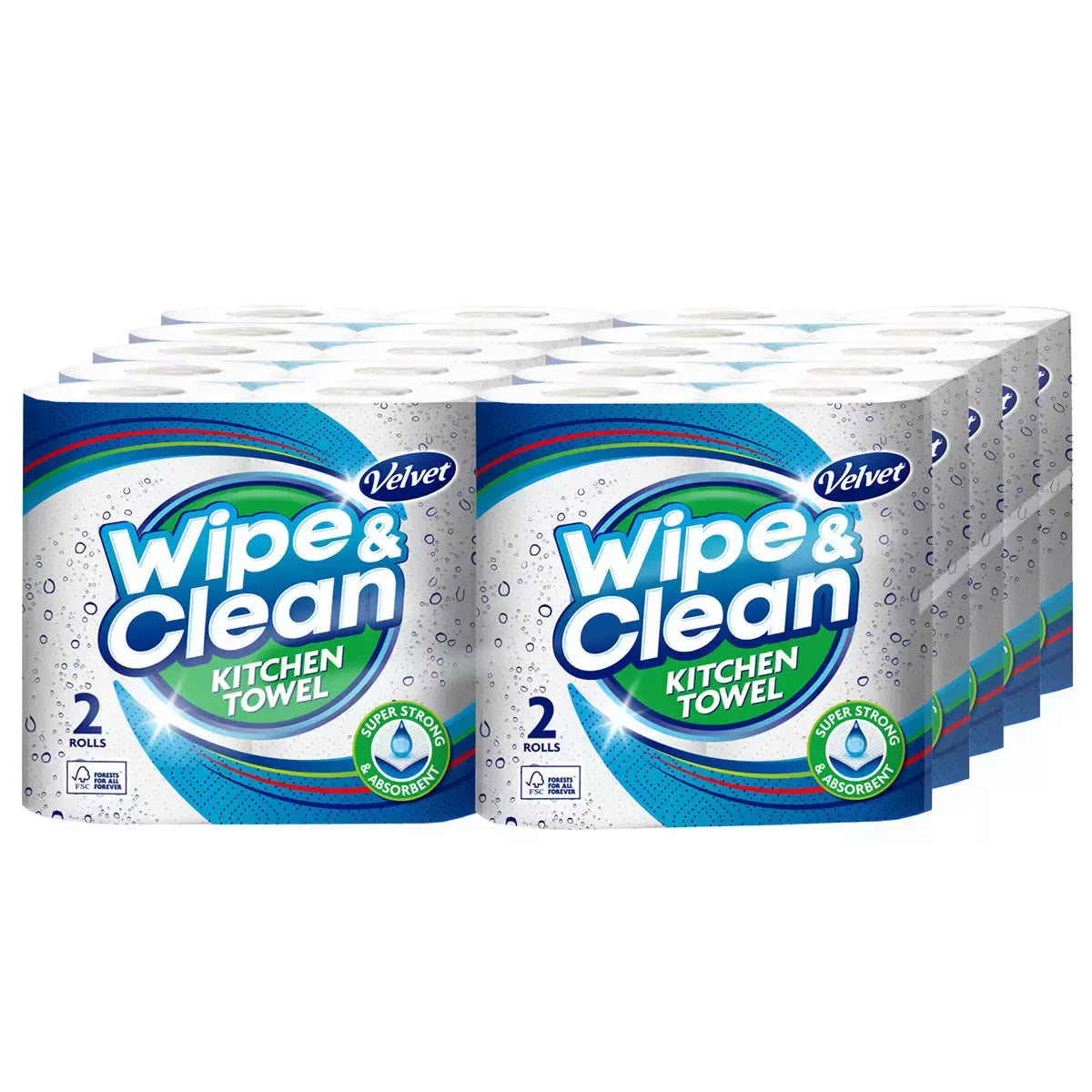 A bulk stack of ten wrapped two-packs of Velvet Wipe and Clean kitchen roll towels arranged neatly on a clean white kitchen countertop next to a fresh roll showing its textured, perforated sheet detail.