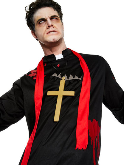 Adult wearing a ragged black Zombie Vicar costume with blood-stained white clergy collar against a dark backdrop.