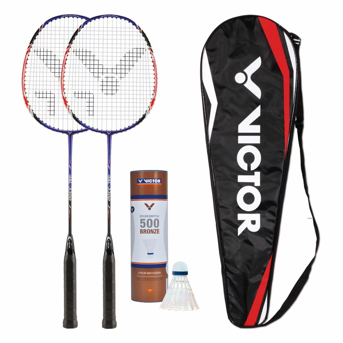 Victor AL-3300 two-player badminton set in red and blue displayed alongside two padded carrying cases and a tube of white nylon shuttlecocks on a indoor court floor.