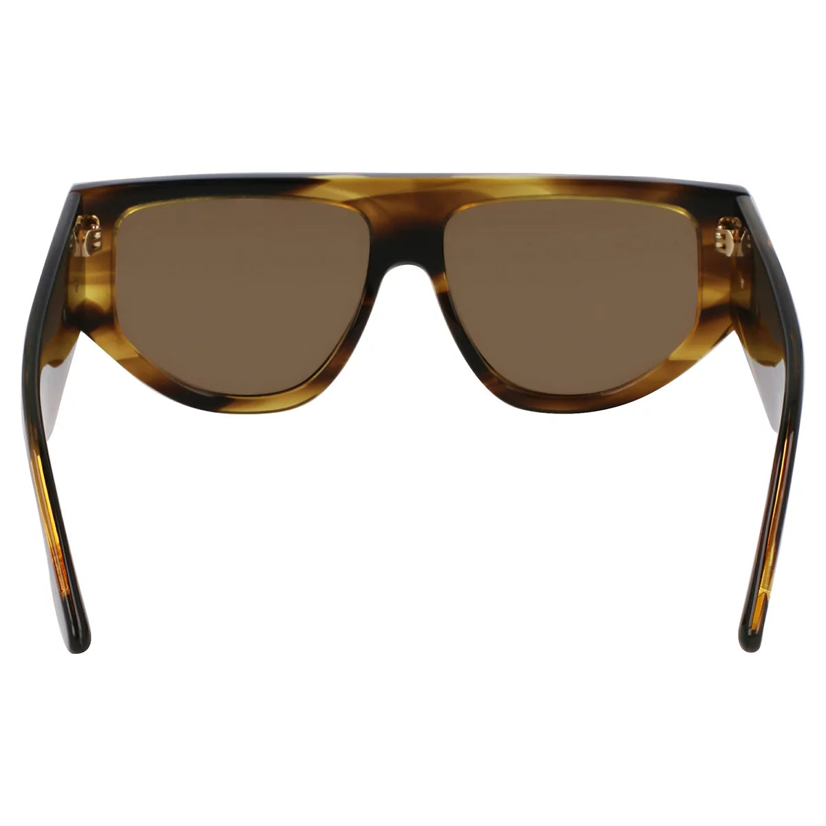 Side-profile view of the vibrant Victoria Beckham VB 676S 318 sunglasses resting on a dark, reflective surface in bright, natural light.