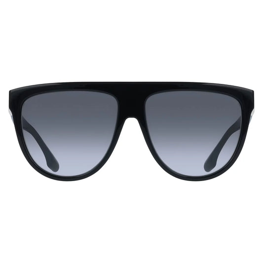 Front view of the black Victoria Beckham VB 680S 001 sunglasses resting on a minimalist surface under soft, natural studio light.