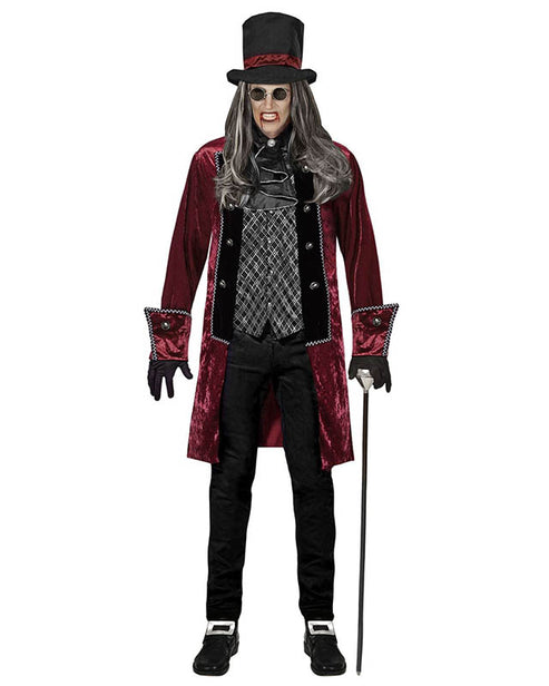 Front view of a dark Victorian Vampire costume featuring a rich burgundy velvet waistcoat, black tailored coat, and high stand collar against a dark backdrop.