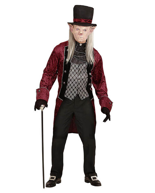 Front view of a dark Victorian Vampire costume featuring a rich burgundy velvet waistcoat, black tailored coat, and high stand collar against a dark backdrop.