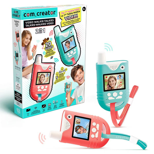 Pair of sleek handheld video walkie talkies with color screens showing digital video filters, complete with wrist straps and USB-C cable.