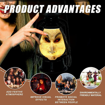 A handcrafted vintage Halloween long hair witch hanging decoration with LED lights and sound effects displayed in a spooky garden setting.