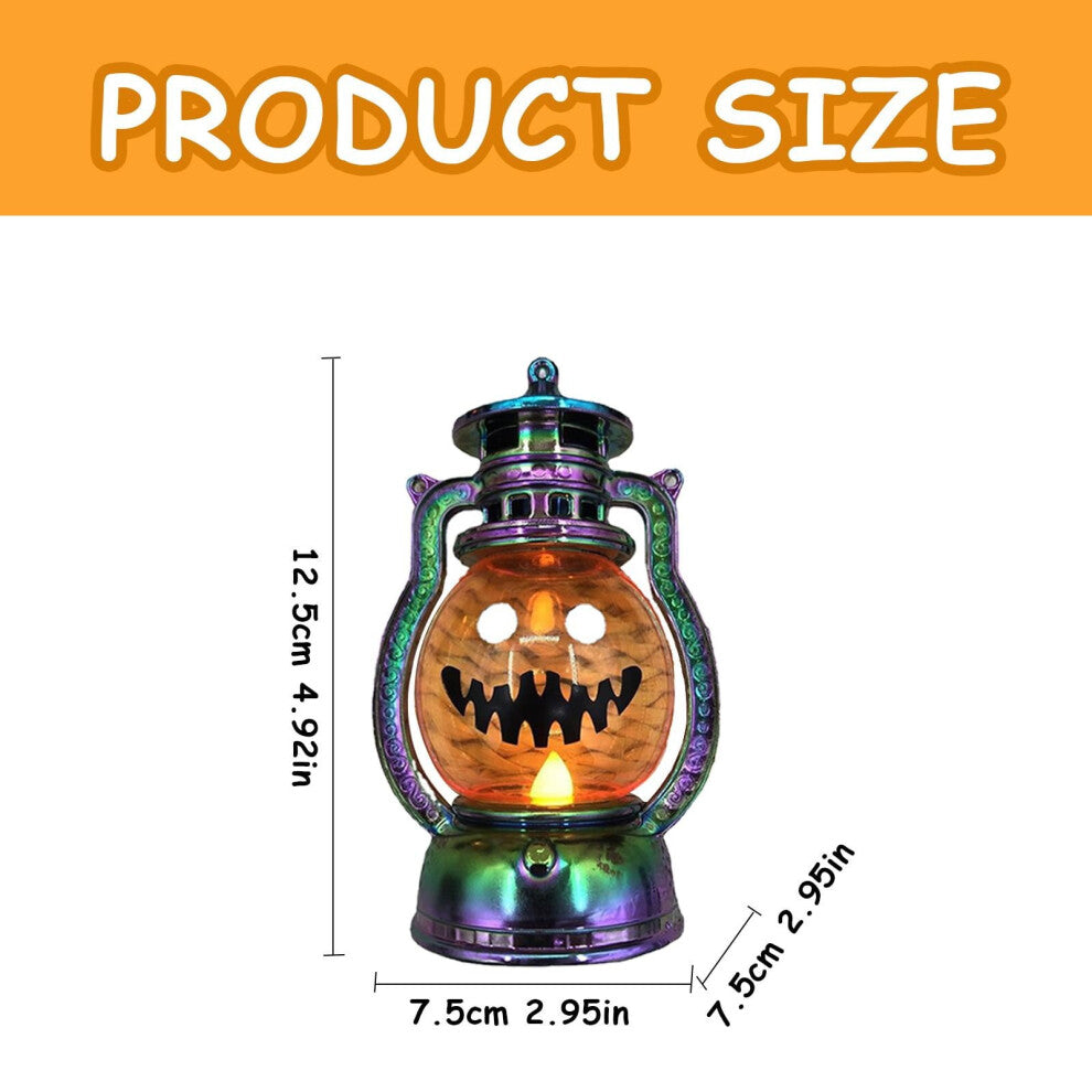 A vintage electroplated plastic electronic Halloween pumpkin lantern glowing softly on a decorative tabletop.