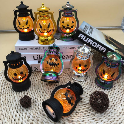 A vintage electroplated plastic electronic Halloween pumpkin lantern glowing softly on a decorative tabletop.