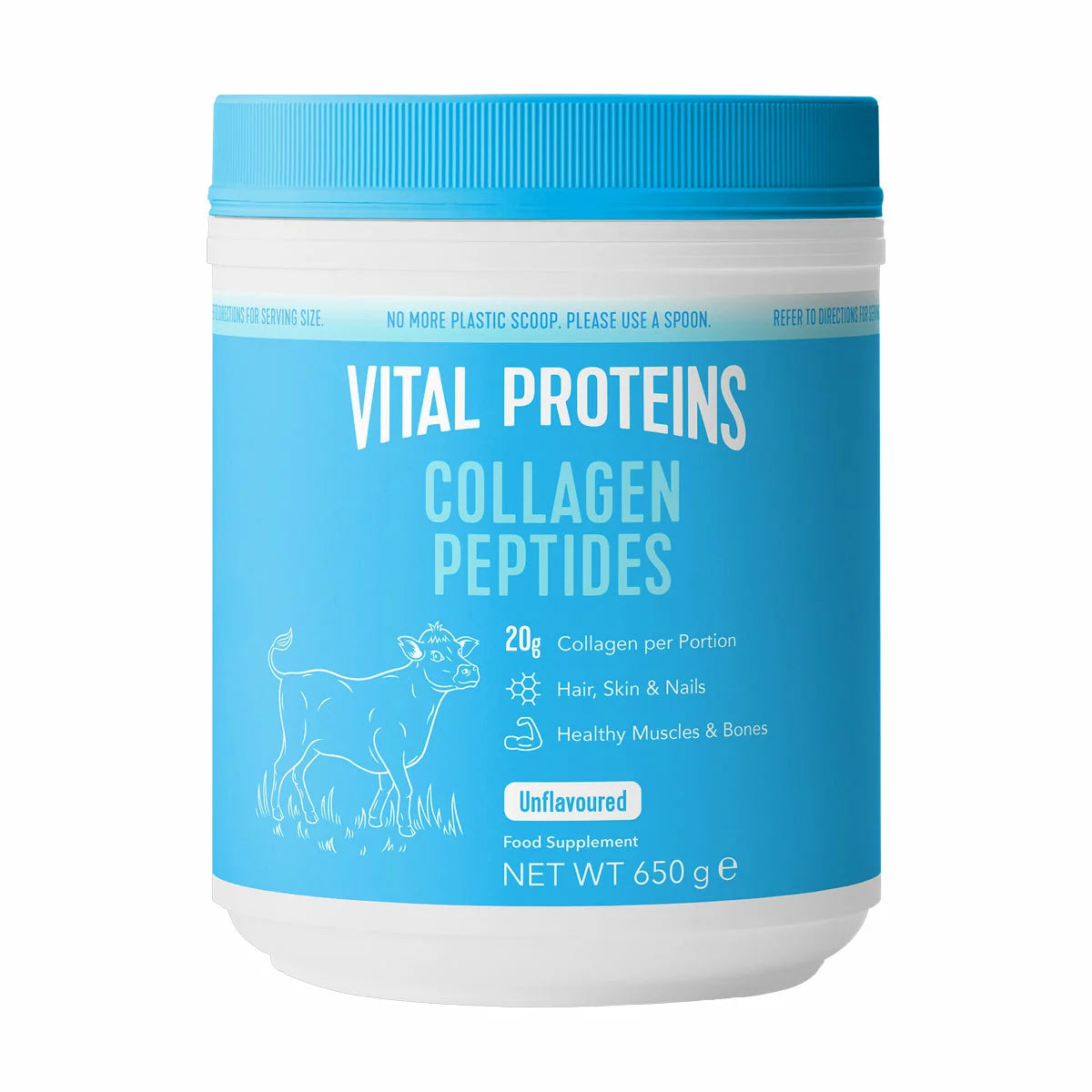 Front view of the 650g tub of Vital Proteins Collagen Peptides unflavoured powder displayed against a clean kitchen countertop.