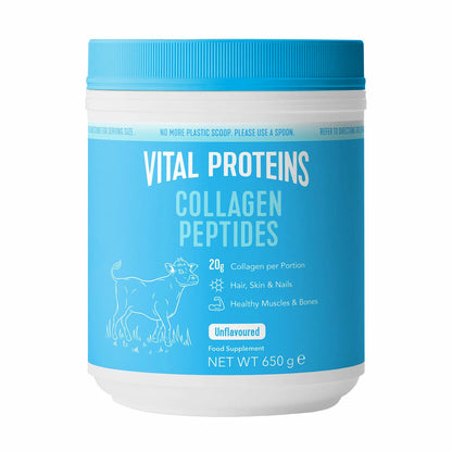 Front view of the 650g tub of Vital Proteins Collagen Peptides unflavoured powder displayed against a clean kitchen countertop.