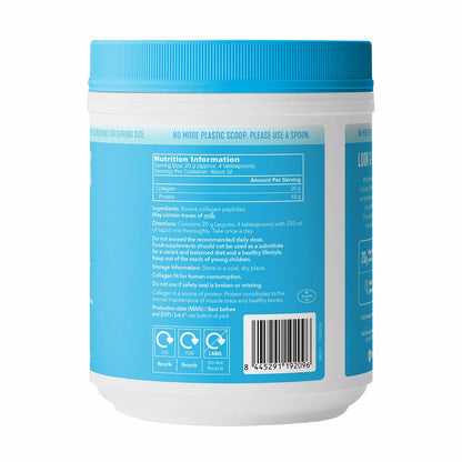 Front view of the 650g tub of Vital Proteins Collagen Peptides unflavoured powder displayed against a clean kitchen countertop.
