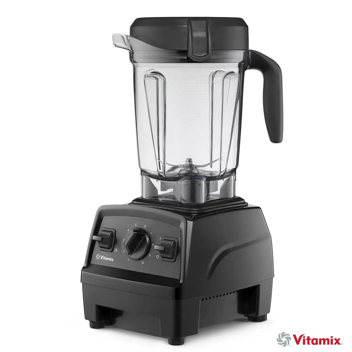 A sleek black Vitamix E320 blender base with its 2L container and tamper sitting on a polished stone kitchen countertop.