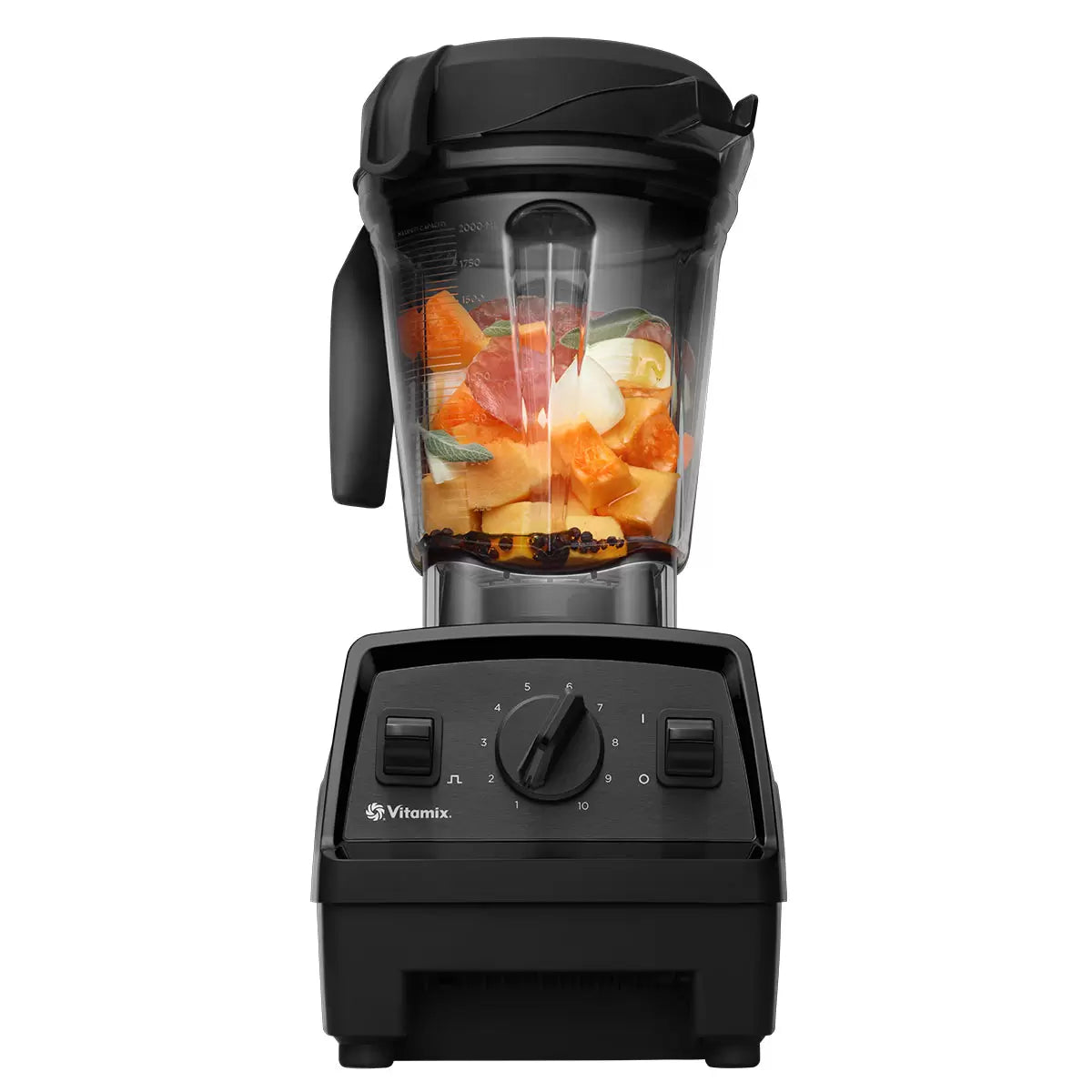 A sleek black Vitamix E320 blender base with its 2L container and tamper sitting on a polished stone kitchen countertop.