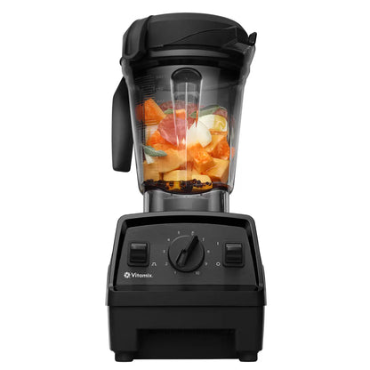 A sleek black Vitamix E320 blender base with its 2L container and tamper sitting on a polished stone kitchen countertop.