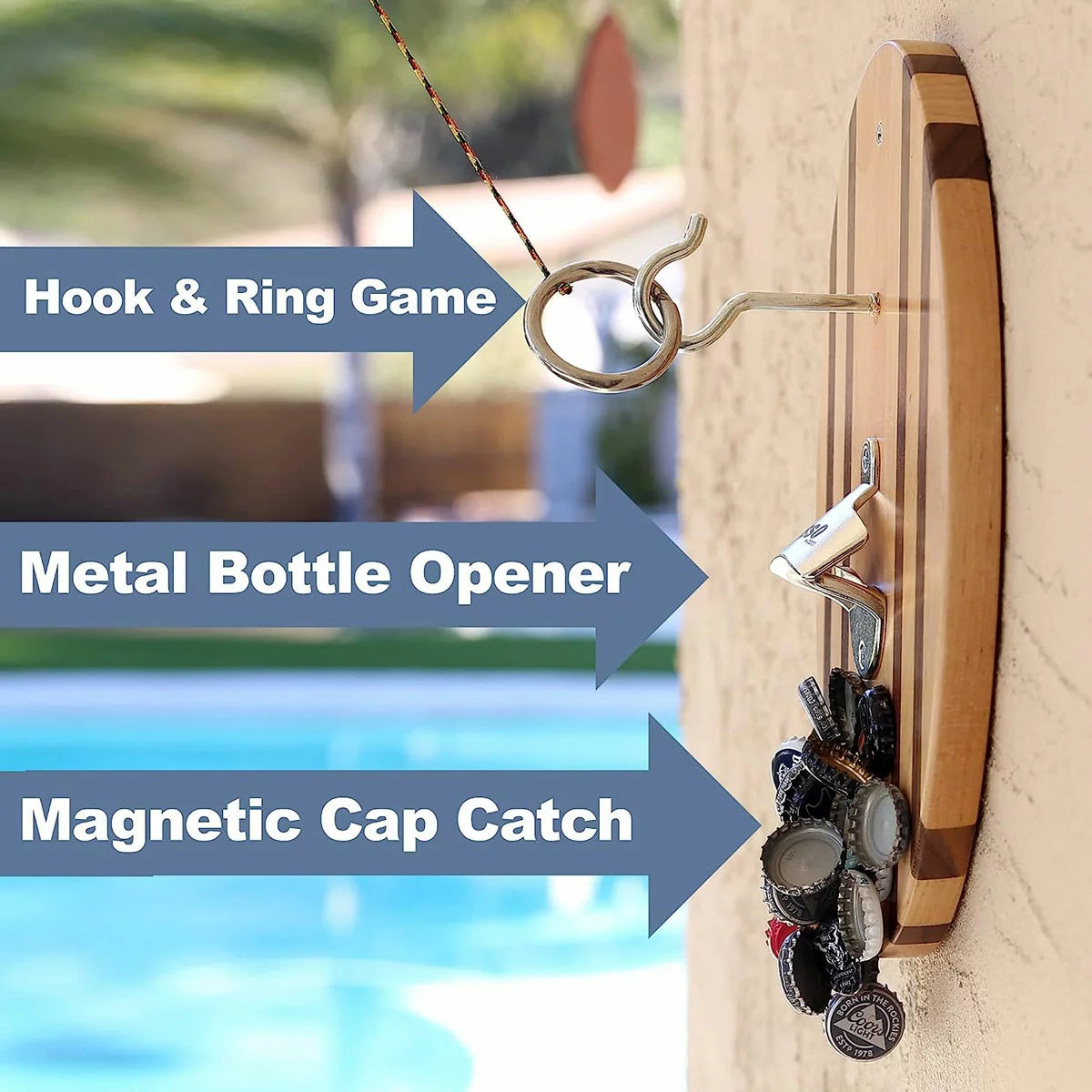 Wall-mounted Vivere Hook and Ring Game with a wooden backboard, bottle opener, and magnetic cap catch.
