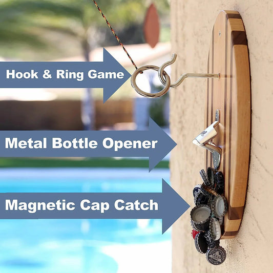 Wall-mounted Vivere Hook and Ring Game with a wooden backboard, bottle opener, and magnetic cap catch.