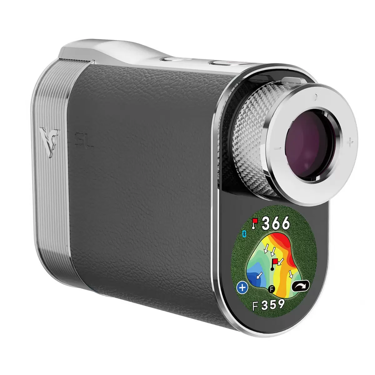 Premium leather-wrapped Voice Caddie SL3 hybrid rangefinder displaying a green undulation map on its bright rear LCD screen while sitting on a motorized golf trolley dashboard.