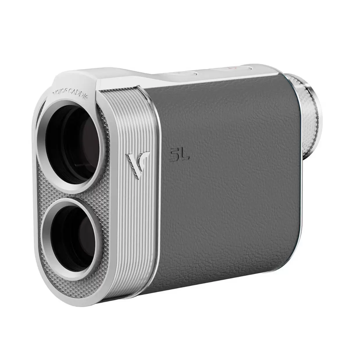 Premium leather-wrapped Voice Caddie SL3 hybrid rangefinder displaying a green undulation map on its bright rear LCD screen while sitting on a motorized golf trolley dashboard.