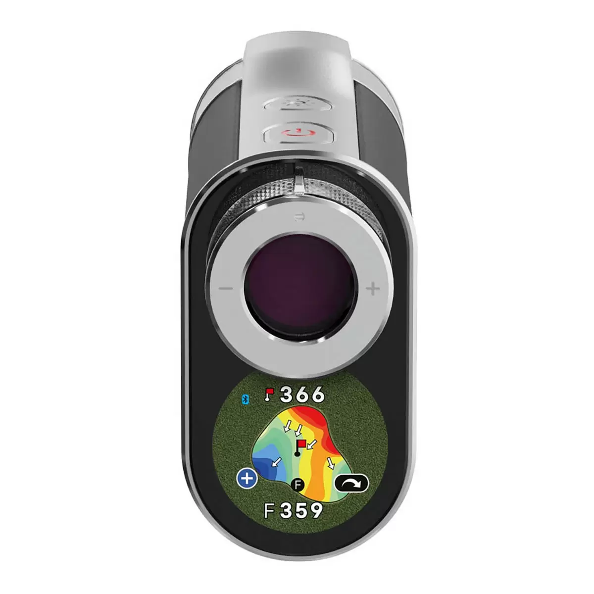 Premium leather-wrapped Voice Caddie SL3 hybrid rangefinder displaying a green undulation map on its bright rear LCD screen while sitting on a motorized golf trolley dashboard.