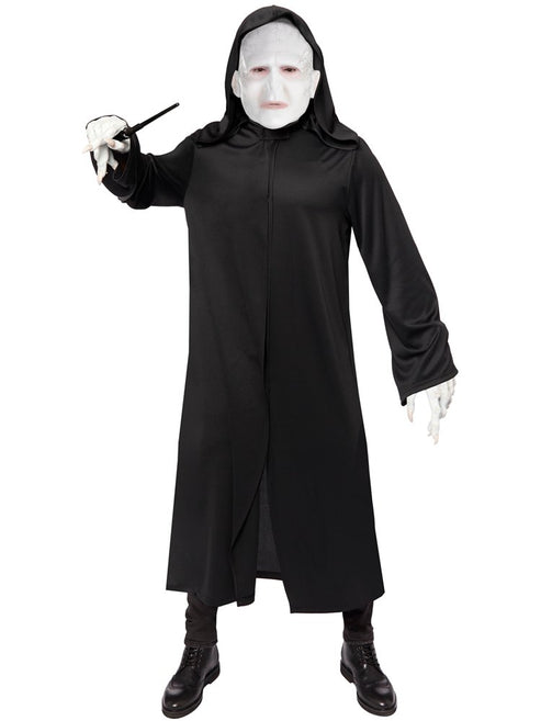 Front view of the Voldemort Adult Costume featuring dark flowing robes and an attached hood on a display mannequin.