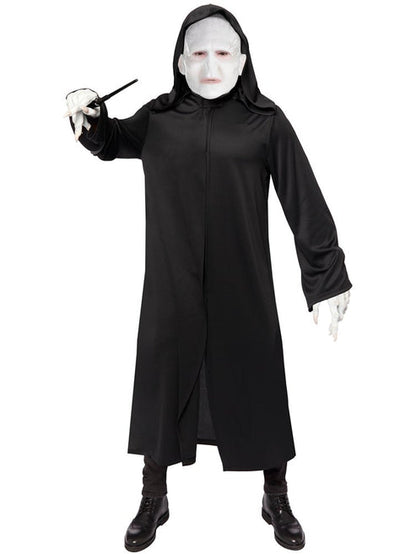 Front view of the Voldemort Adult Costume featuring dark flowing robes and an attached hood on a display mannequin.