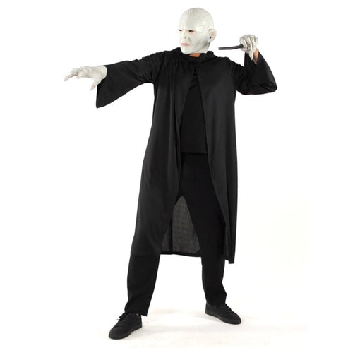 Front view of the Voldemort Adult Costume featuring dark flowing robes and an attached hood on a display mannequin.